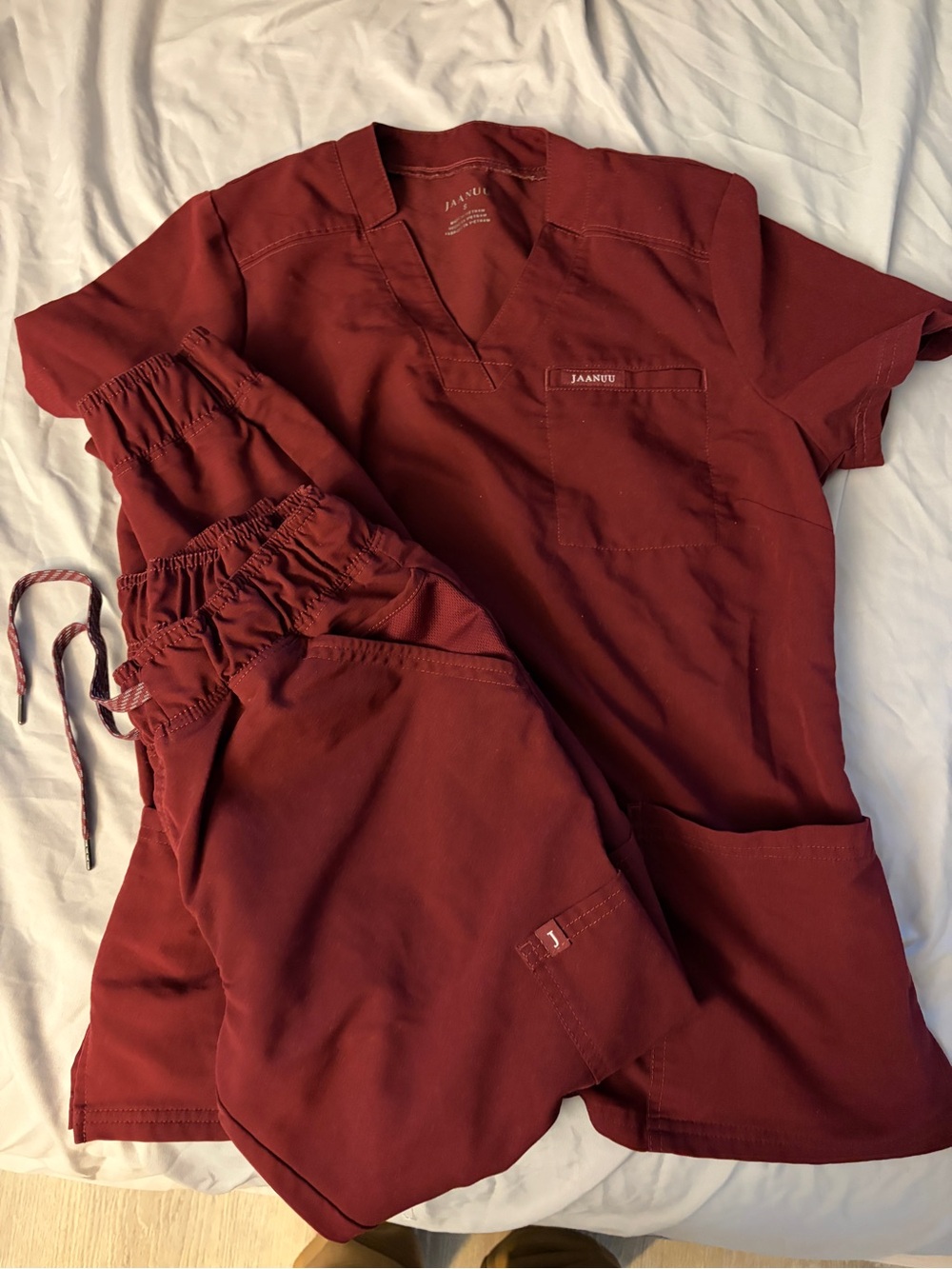Jaanuu Burgundy Women's Scrub Top & Jogger Pants Set